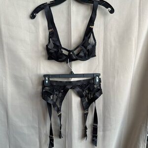 Bluebella Black Lingerie Set Strappy Bra & Garter Small 32C